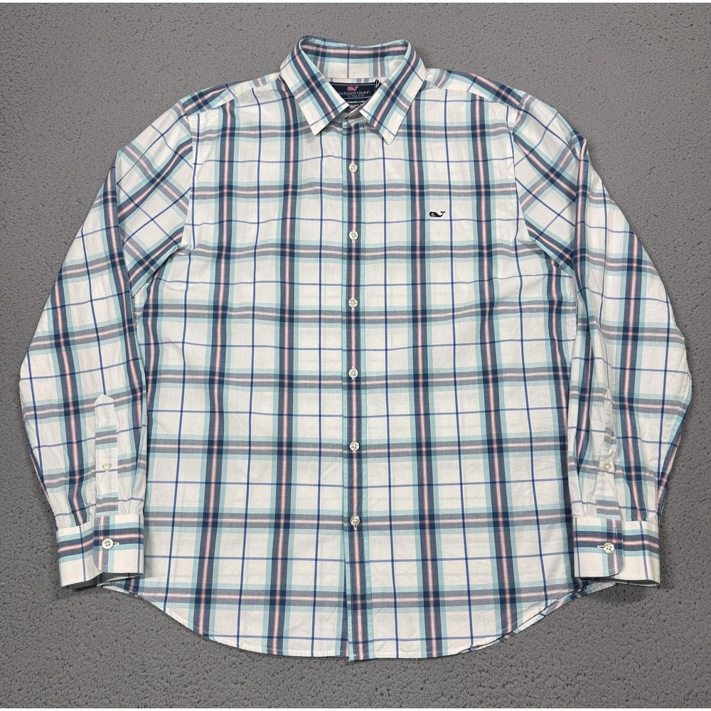 Vineyard Vines Whale Shirt Mens XL White Plaid Slim Fit Long Sleeve Button Down
